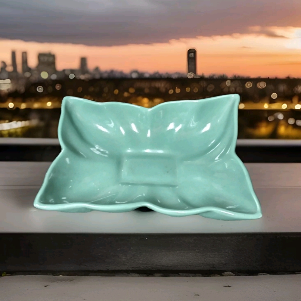Vintage Rectangular Camark Pottery Low Bowl Planter #410 Glossy Teal 10" long